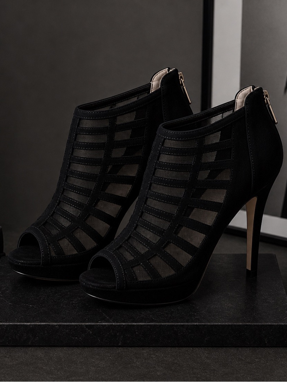 Black Mesh Cutout Peep-Toe High Heels